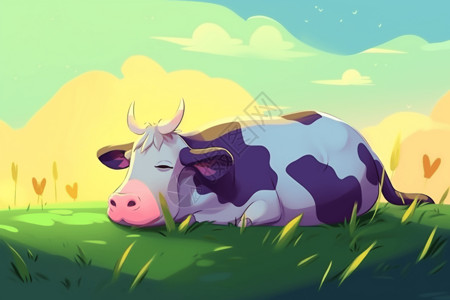 草原休息奶牛在草地上休息插画