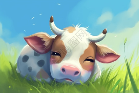 卡通可爱牛在草地上背景图片