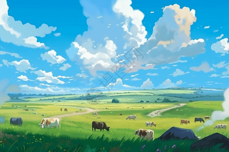 美丽草原上的牛群插画