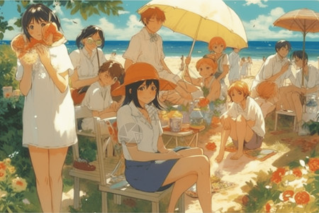动漫风格的夏日沙滩背景图片
