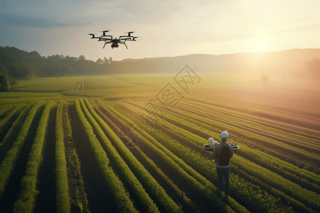 一位农民用无人机喷洒田地图片