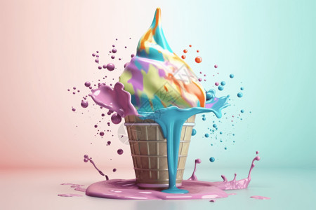 蛋筒冰激凌流淌着的彩色冰激凌蛋筒插画