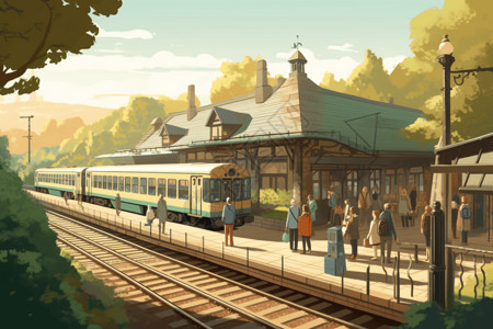 游客游玩热闹的火车站插画