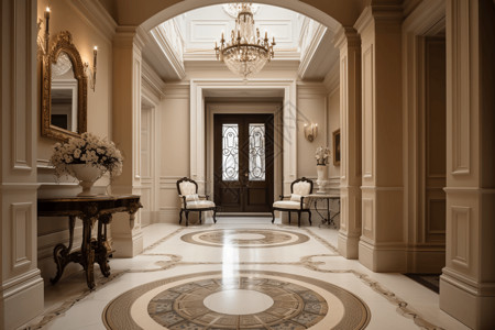 米色陶瓷经典别墅的入口大厅高清图片
