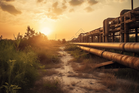 日落时石油工业厂房的管道和管架高清图片