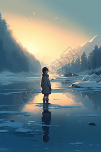 踩在湖边薄冰上的小女孩插画