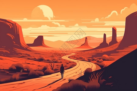 一个人在路上沙漠道路上行走的人插画