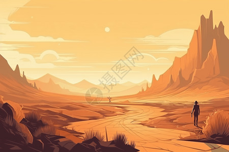 公路行走在沙漠徒步的旅客插画