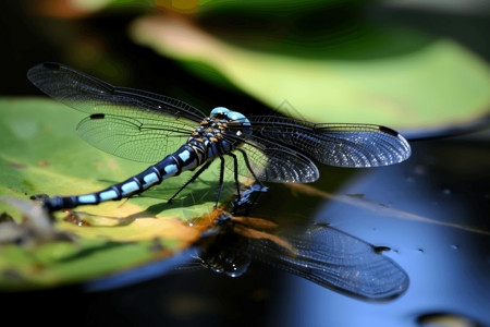 昆虫飞行池塘的蜻蜓。背景