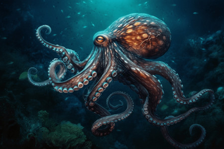 巨型海洋蝠鲼深海巨型章鱼插画
