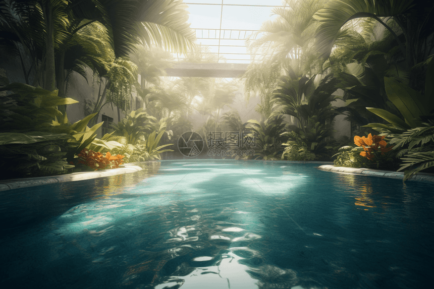 热带雨林的游泳馆图片