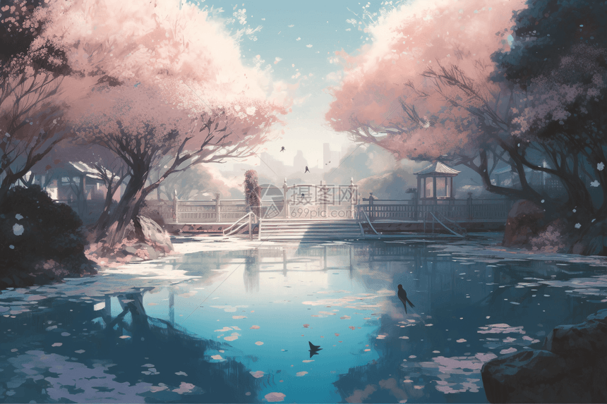 樱花树下的水池图片