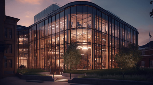 黄昏时的玻璃建筑图书馆背景图片