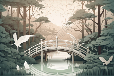 精致的纸鹤飞过宁静的河岸剪纸插画图片