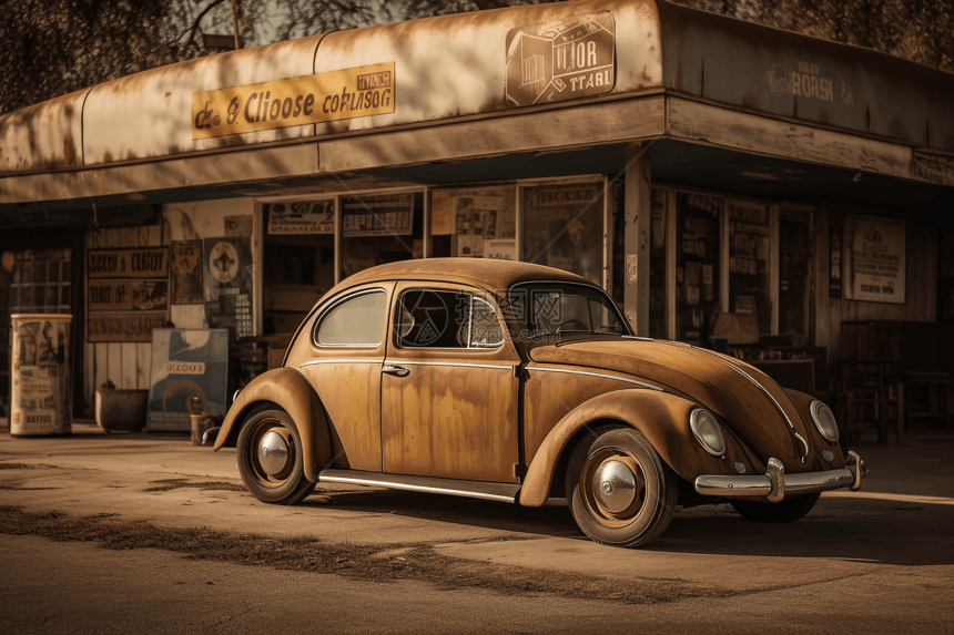褪色的标牌和磨损的油漆的甲壳虫停在旧加油站前图片