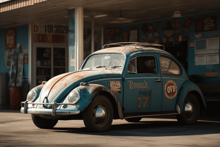 磨损的甲壳虫汽车停在旧加油站前插画