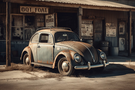 褪色磨损油漆的甲壳虫汽车停在旧加油站前图片