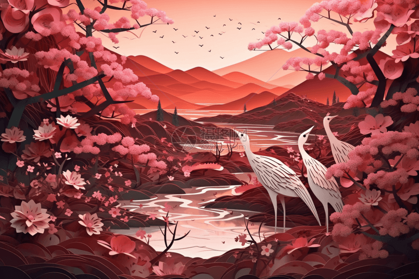 多维剪纸的河流樱花树的精致之美图片