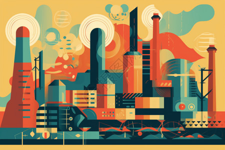 工业社会大胆图形颜色碰撞的气化发电厂抽线插画插画