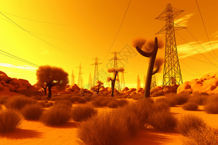 沙漠中的高压线生物质能图片