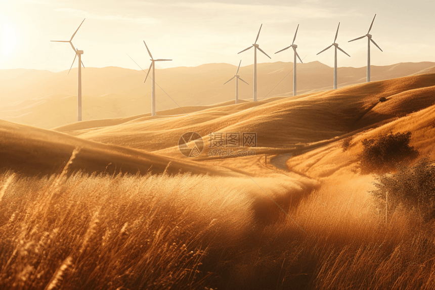 起伏的丘陵和农田上的风力发电机风能动力图片