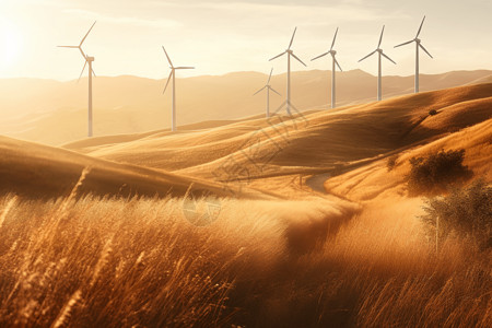 起伏的丘陵和农田上的风力发电机风能动力图片