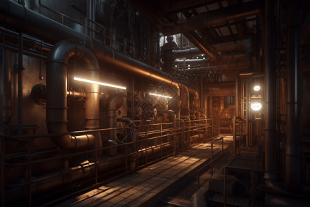 约塞米蒂烟熏的带有管道和机械的煤制油工厂内部插画