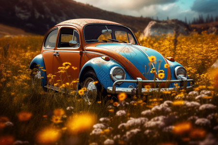 甲壳虫汽车停在野花的田野里背景图片