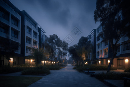 人行道夜景黄昏时的校园设计图片