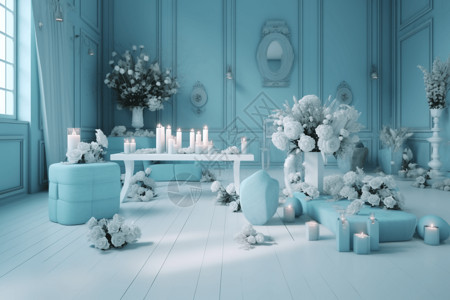婚庆公司三折页浅蓝色氛围婚礼现场装饰效果图设计图片