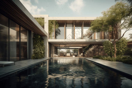 现代水景别墅室外3d效果图背景图片