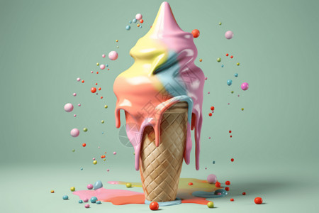 冰淇淋色带有流动多色液滴的冰淇淋插画