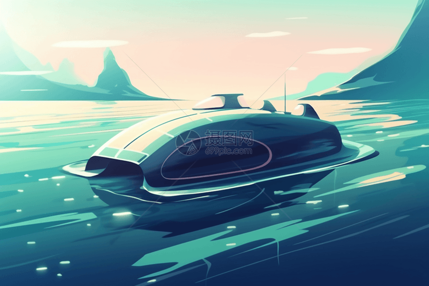 具有海洋背景的未来派浮动汽车图片