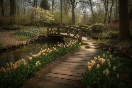 有木桥的郁金香花园背景图片