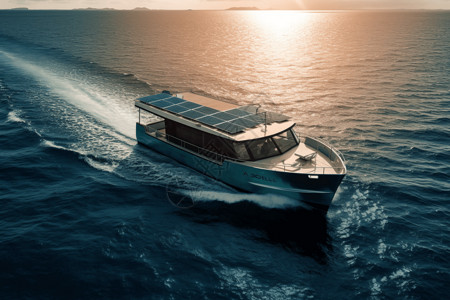 墨鱼巡航一艘太阳能船海面上巡航设计图片