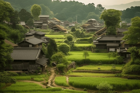 绿原酸小村和稻田背景