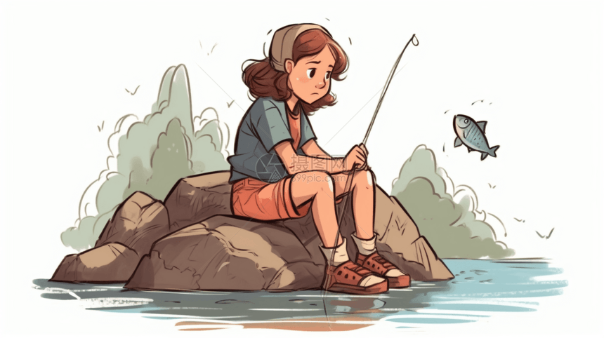 女孩在溪中钓鱼图片