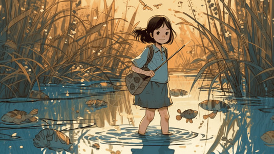 女孩站在溪流中背景图片