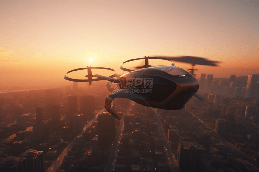 未来城市上空的飞行器图片