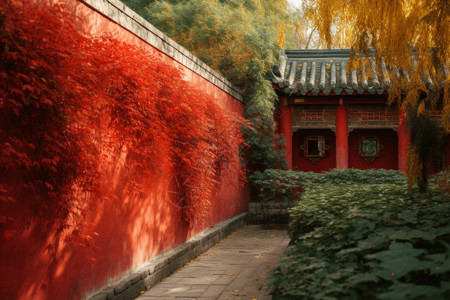 红墙下的园林背景图片