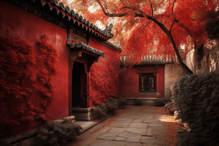 红墙花园背景图片