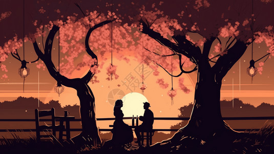 樱桃树浪漫的夏日夜晚插画