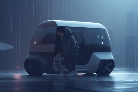 中性颜色雨天进入自动驾驶汽车的人设计图片