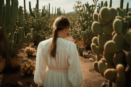 沙漠绿植仙人掌田中的少女背景