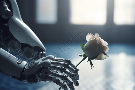 手握玫瑰机器人助手插画