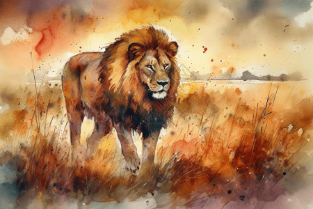 水彩草原上的狮子背景图片