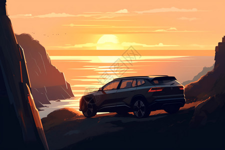 夕阳汽车悬崖边的车。插画