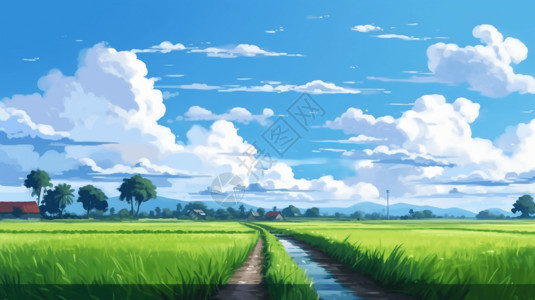蓝天白云与稻田图片