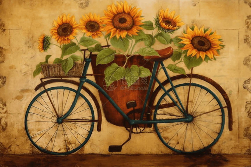自行车与向日葵图片