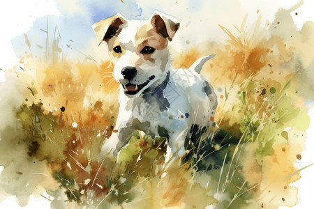 水墨手绘草丛中的白狗图片